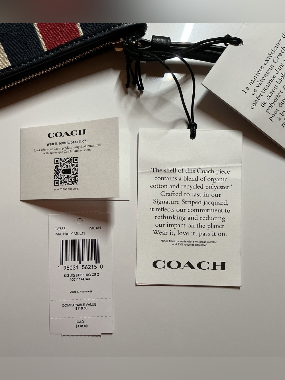 Coach Signature C Jacquard Stripe Corner Zip Wristlet Navy Red Cream - Picture 7 of 7